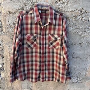 vtg WRANGLER Red Brown Metallic Plaid Western Shirt Button Up Cowboy Rodeo XXL